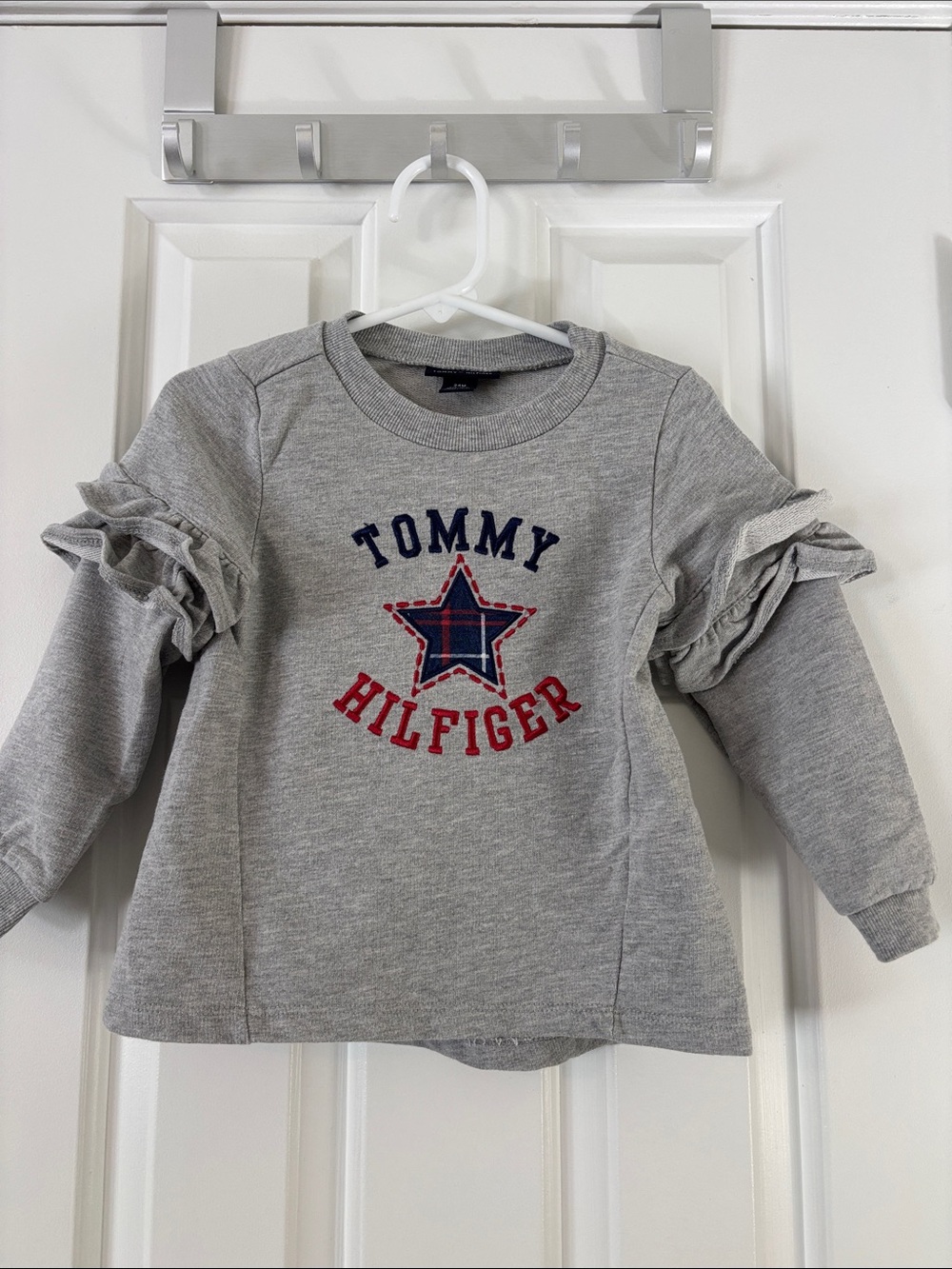 Tommy Hilfiger Gray Sweatshirt with Ruffle Sleeves and Star Logo